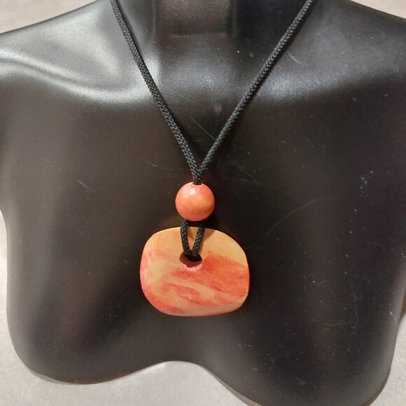 Women's Red Orange Yellow Round Wood Pendant w/Black Cord w/Wood Ball - NWOT - Picture 4 of 6